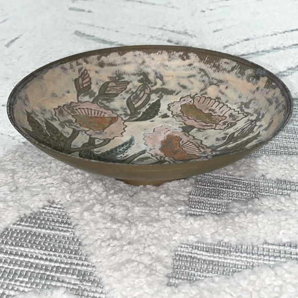 Vintage Hand Painted Engraved Brass Bowl-Original Patina. Flower & Leaf Pattern - Picture 2 of 5